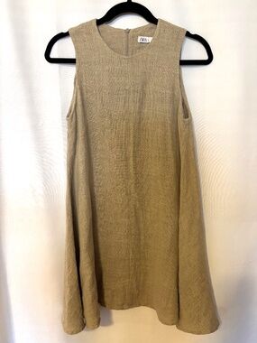 ZARA Linen Blend A-Line Dress Sleeveless Beige Mini Flowy Casual Size M